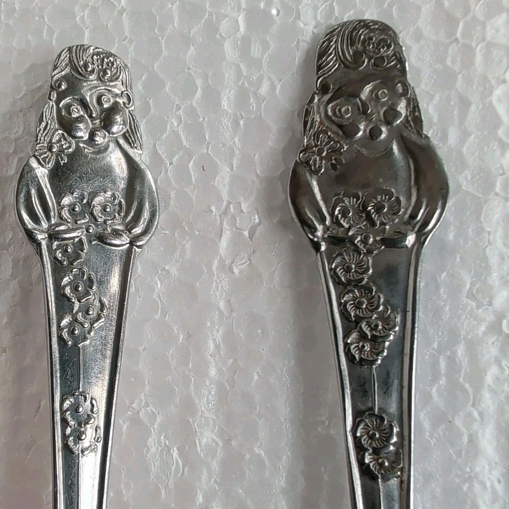 Vintage 1970s Japan Flower Girl Child Fork Spoon Set Youth Flatware Cute MCM - Picture 3 of 6